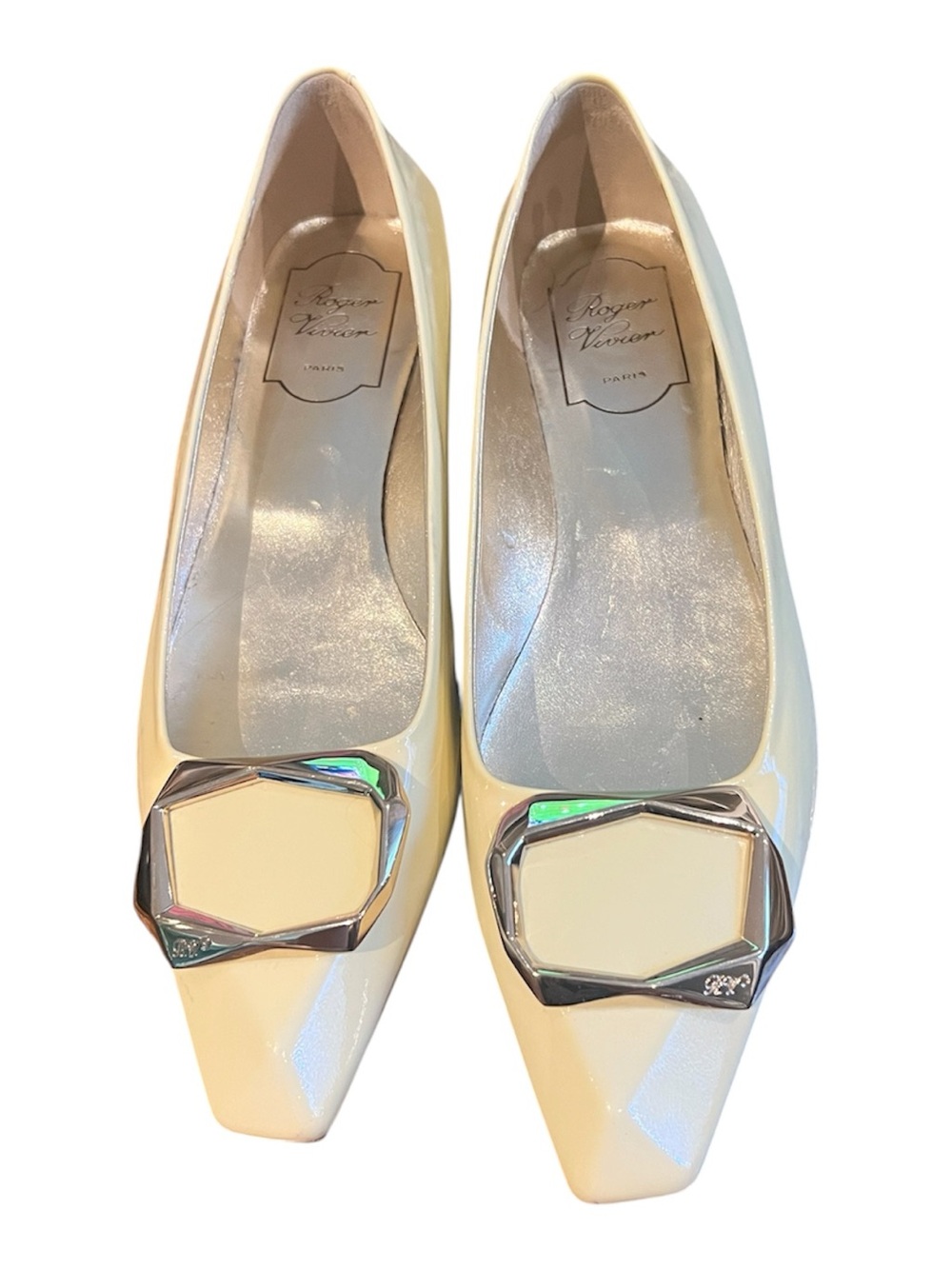 Roger Vivier Ivory Patent Leather Pointed Toe Flats with Geometric Buckle